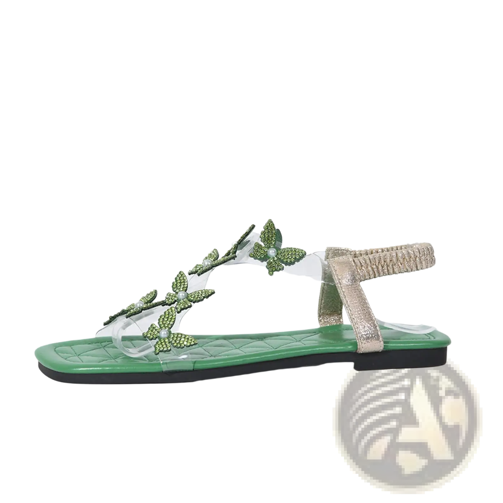 Butterfly rhinestone sandals square toe flats with green beaded leaf and butterfly embellishments and metallic gold strap