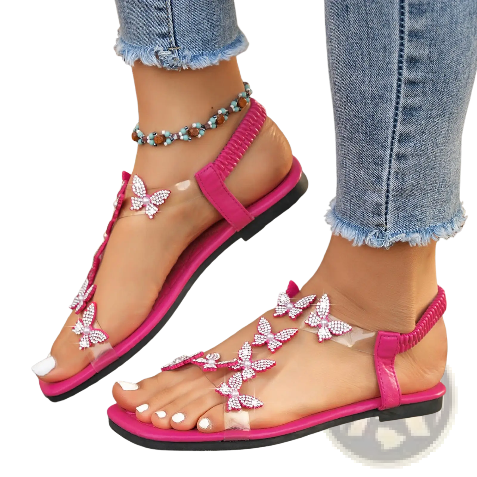 Bright pink butterfly rhinestone sandals with clear straps and square toe flat design for casual wear