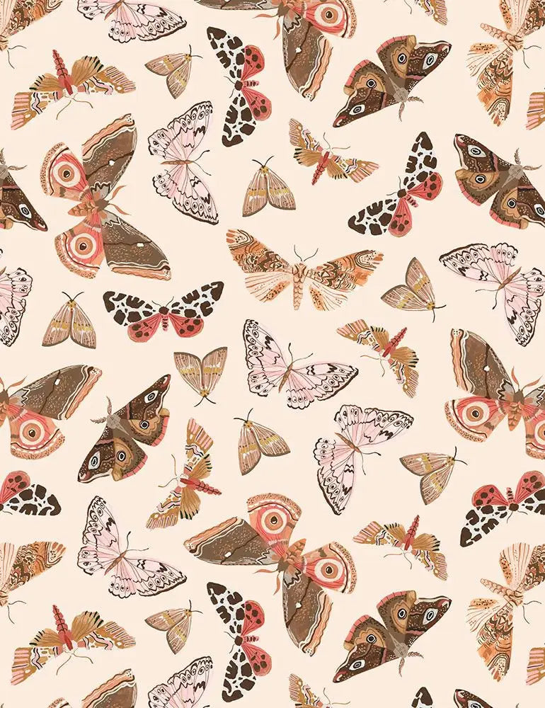 Butterfly vintage cotton midi dress with red bow accent featuring earthy tone moth pattern on creamy background