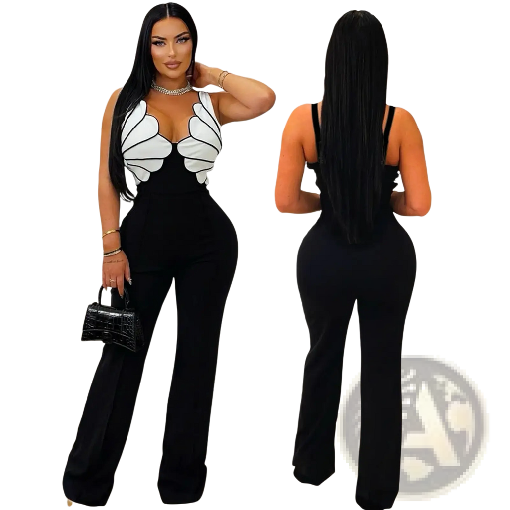 Butterfly wing slim fit jumpsuit with black and white butterfly print halter top, fitted bodice, flared pants, and thin straps