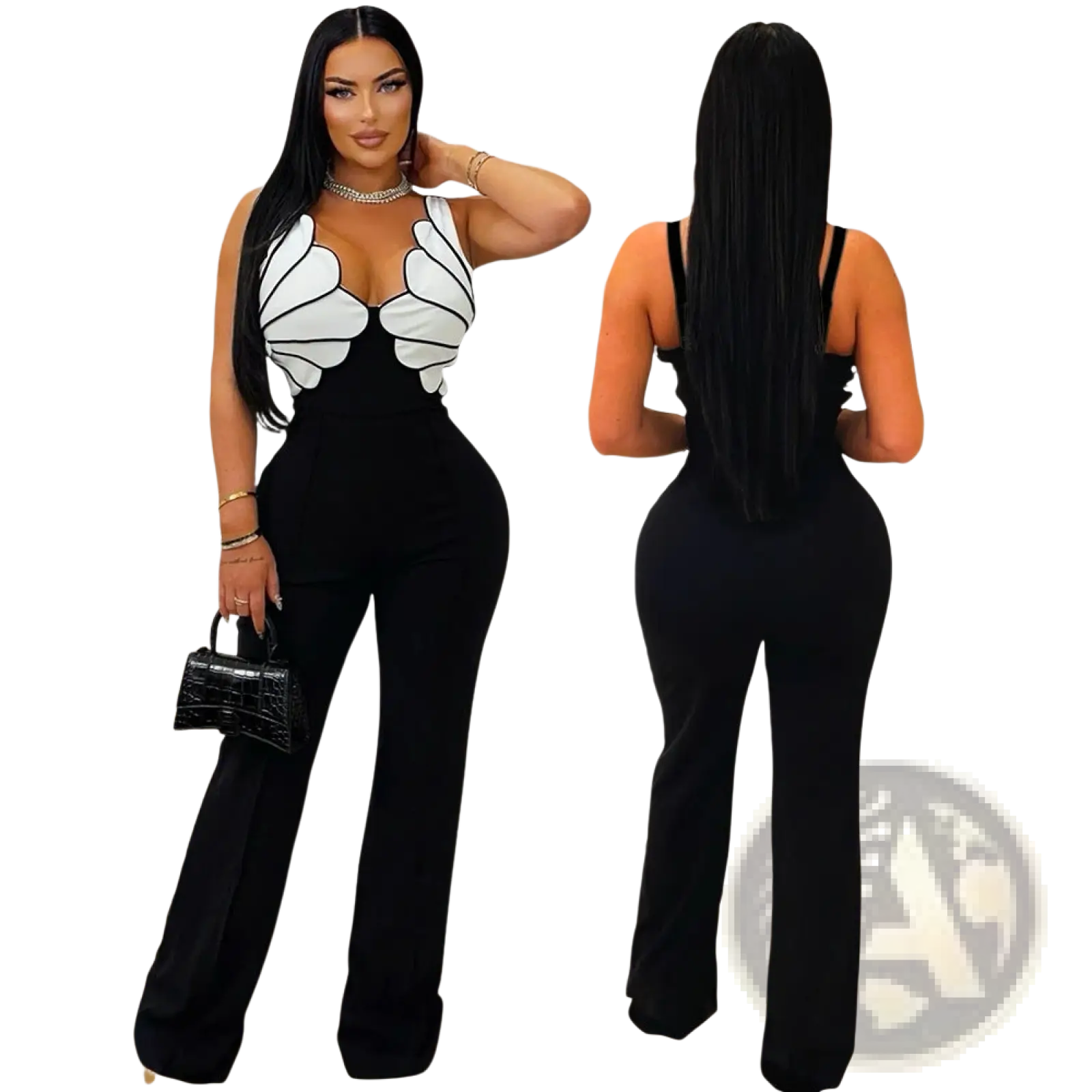 Butterfly wing slim fit jumpsuit with black and white butterfly print halter top, fitted bodice, flared pants, and thin straps