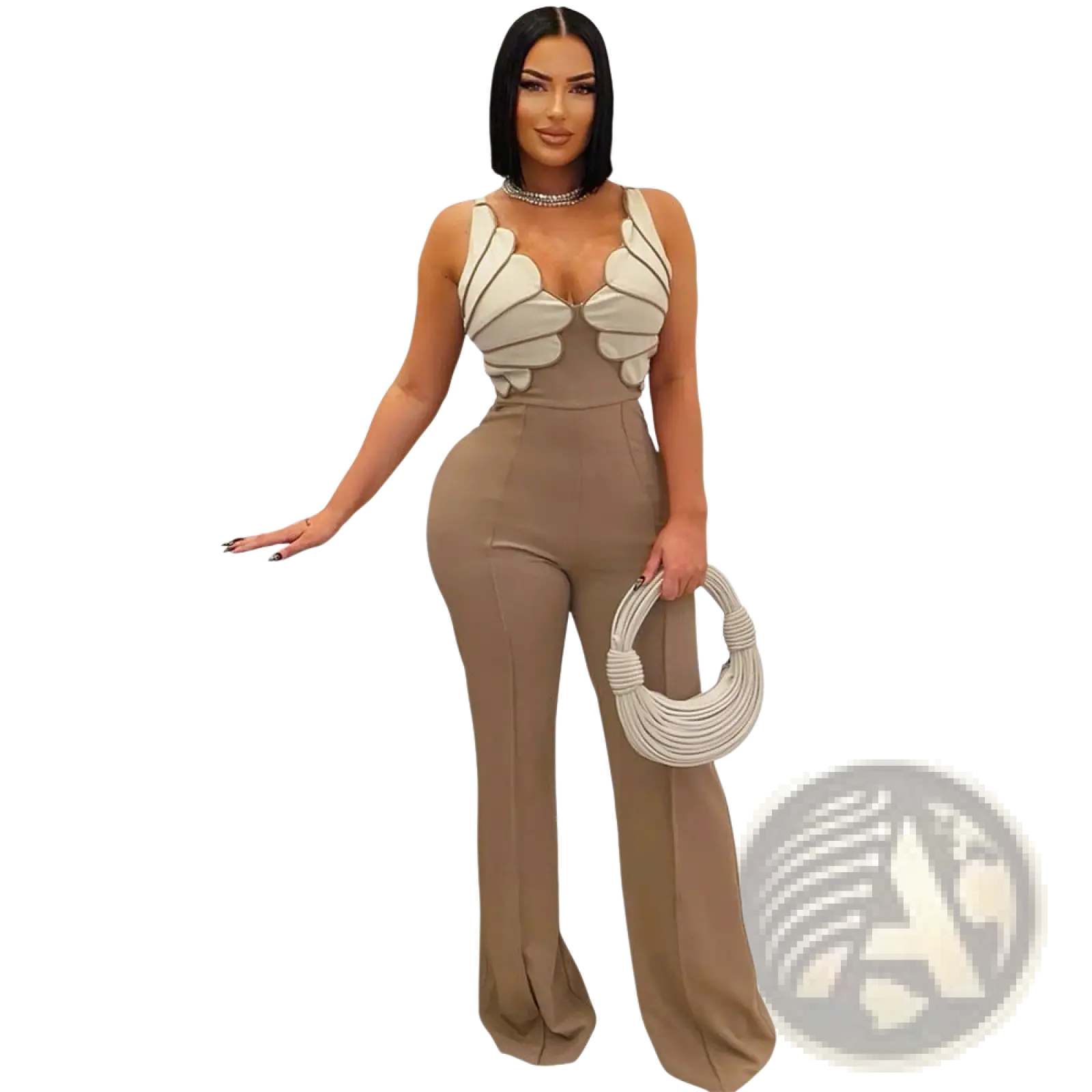 Beige sleeveless slim fit jumpsuit with cream sculpted wing-like embellishments on the bodice butterfly wing design