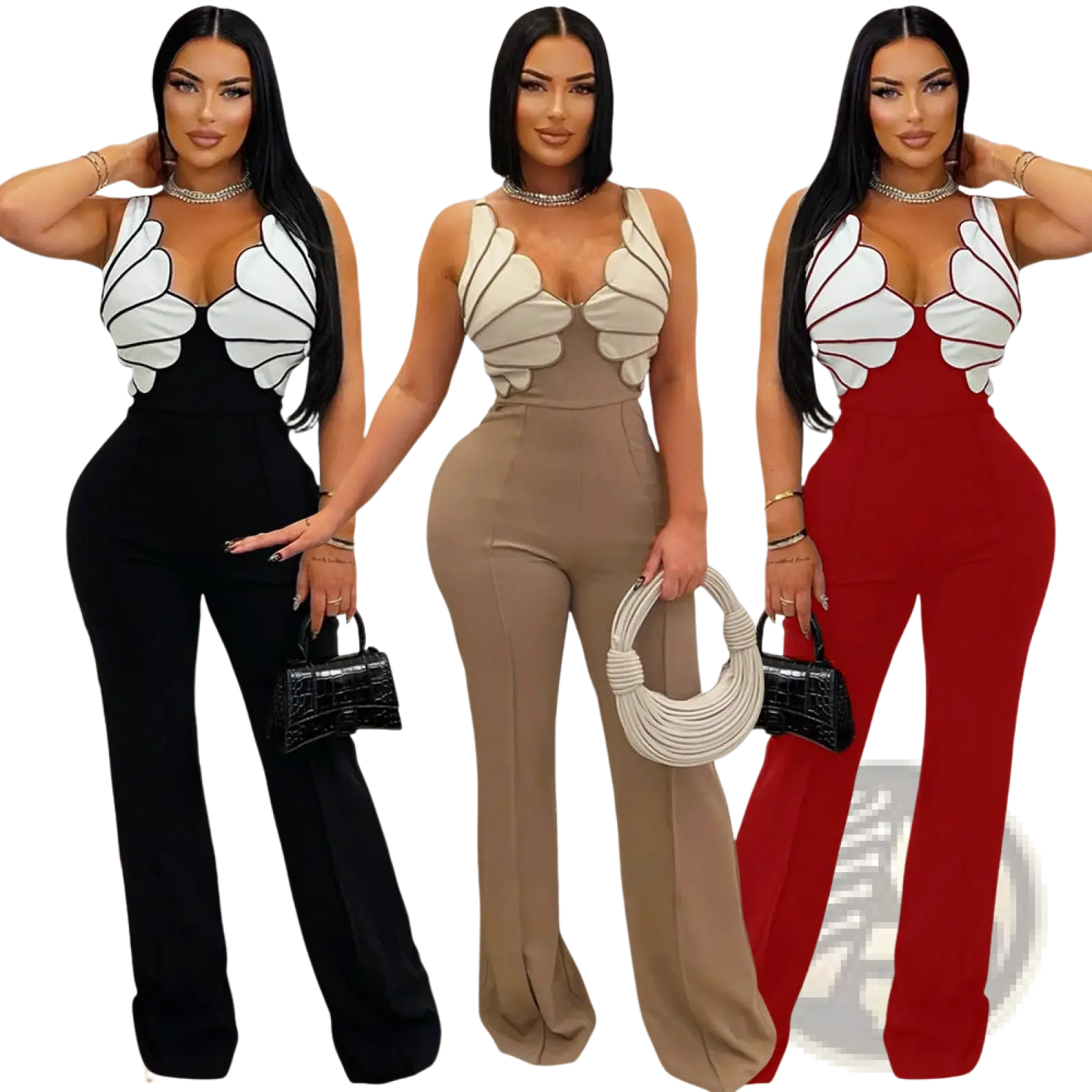 Three women model butterfly wing slim fit jumpsuits with bold white appliqués in black beige and red colors