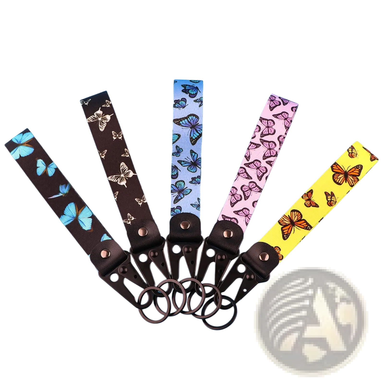Butterfly wrist strap keychain with metal clip featuring five butterfly-patterned keychains in brown light blue pink and yellow