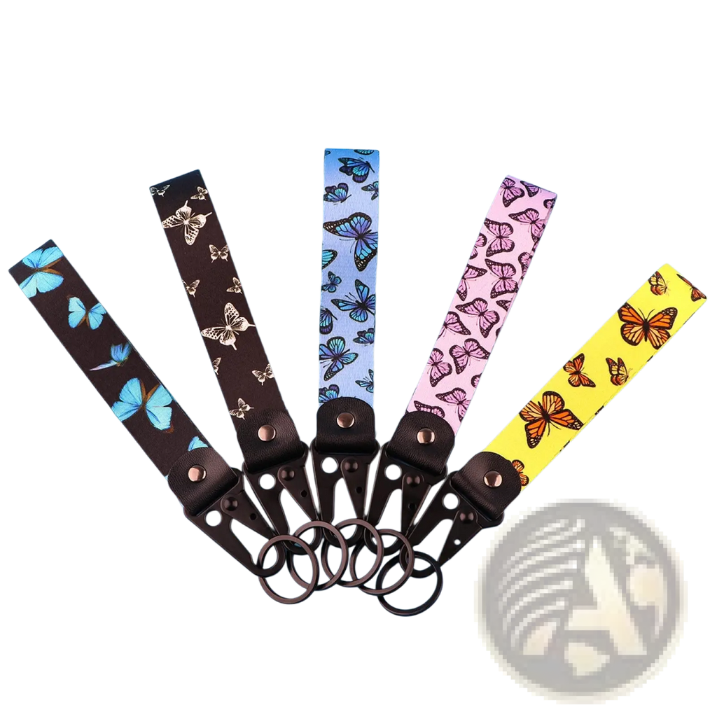 Butterfly wrist strap keychain with metal clip featuring five butterfly-patterned keychains in brown light blue pink and yellow