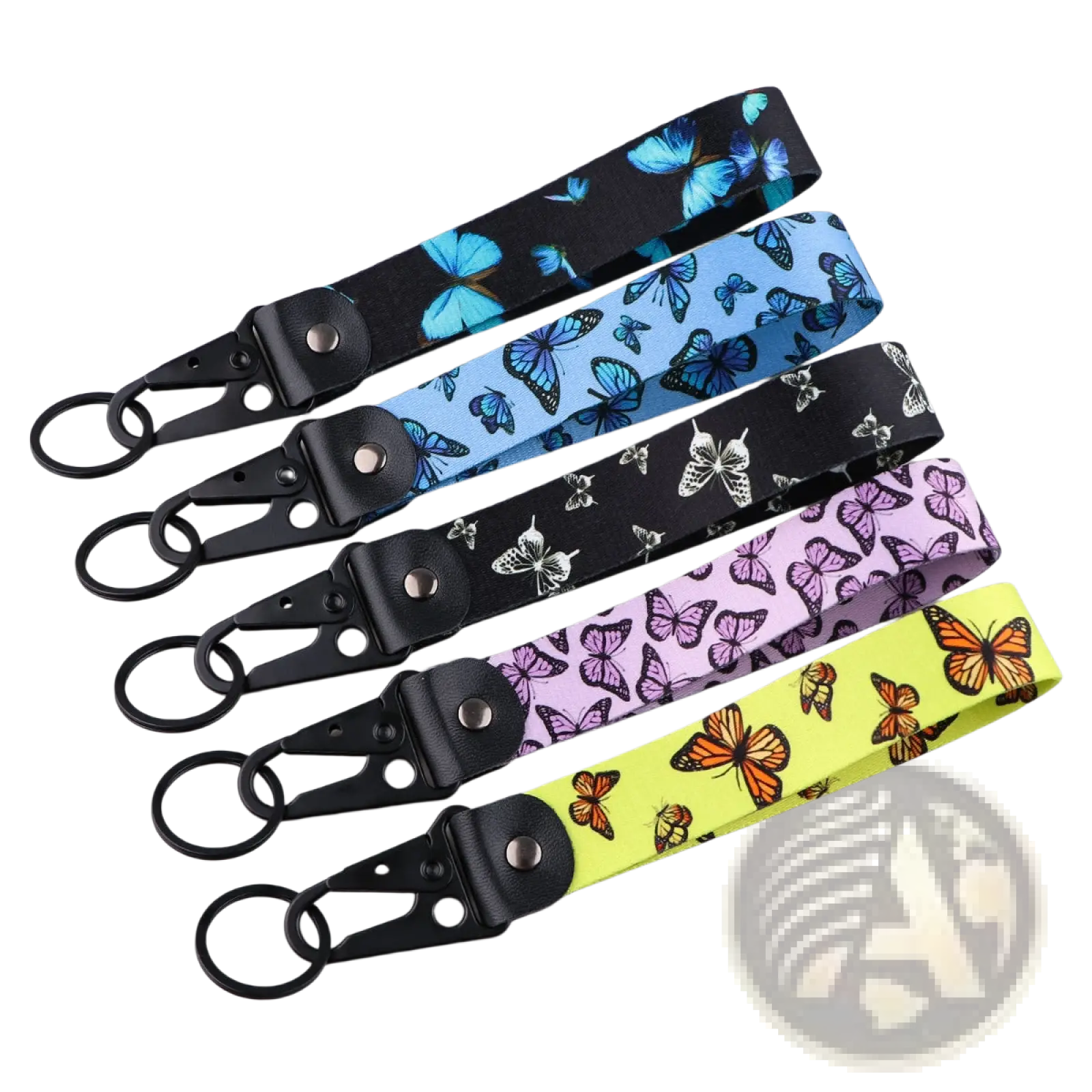Butterfly wrist strap keychain tk57 with black metal clasp key ring featuring vibrant blue purple orange and yellow fabric bands