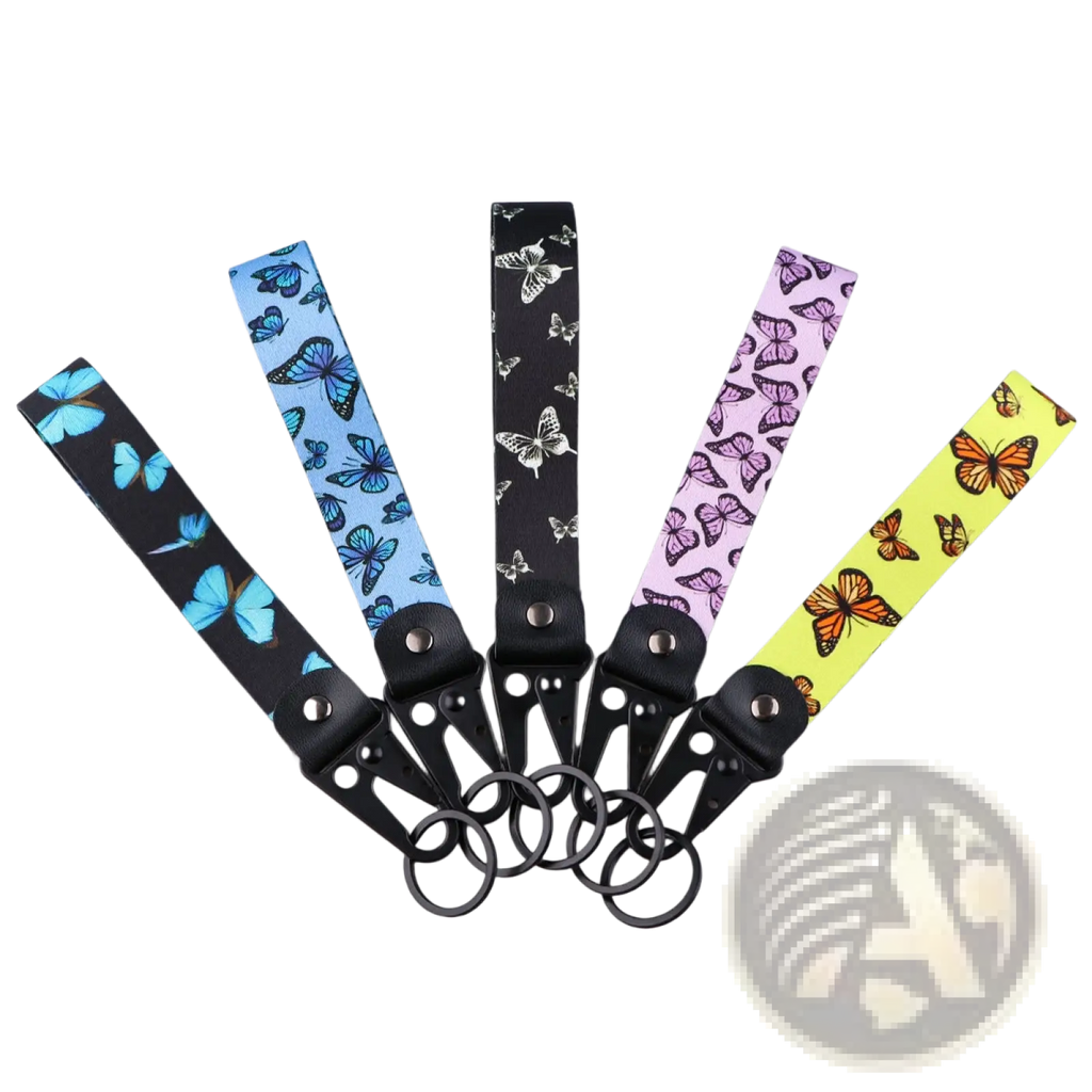 Five colorful butterfly wrist strap keychains with black metal clips and rings for secure attachment tk57