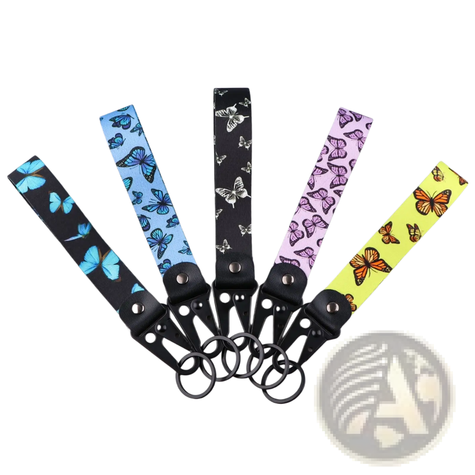 Five colorful butterfly wrist strap keychains with black metal clips and rings for secure attachment tk57