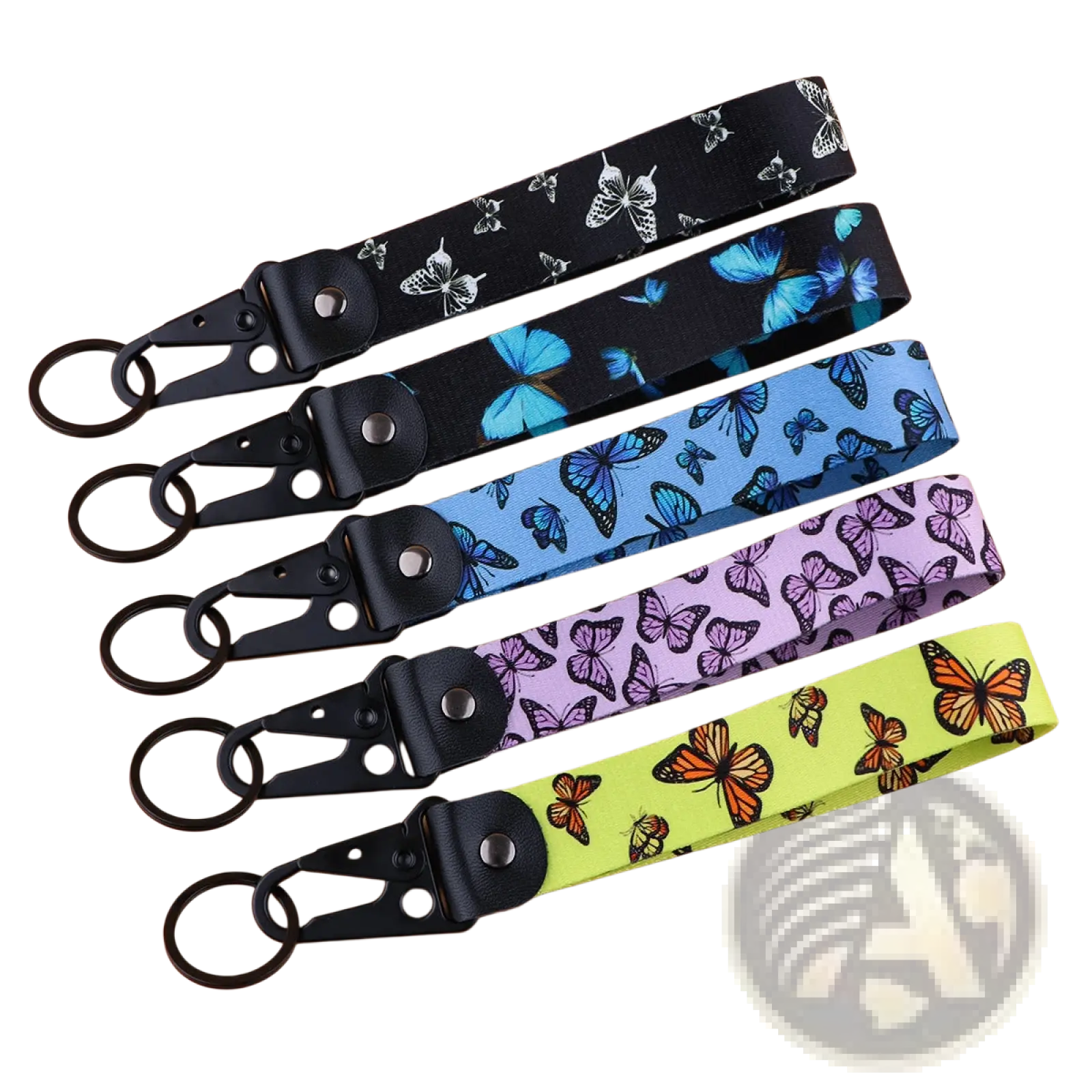 Butterfly wrist strap keychain with metal clip in black blue purple and lime green with black metal clasps