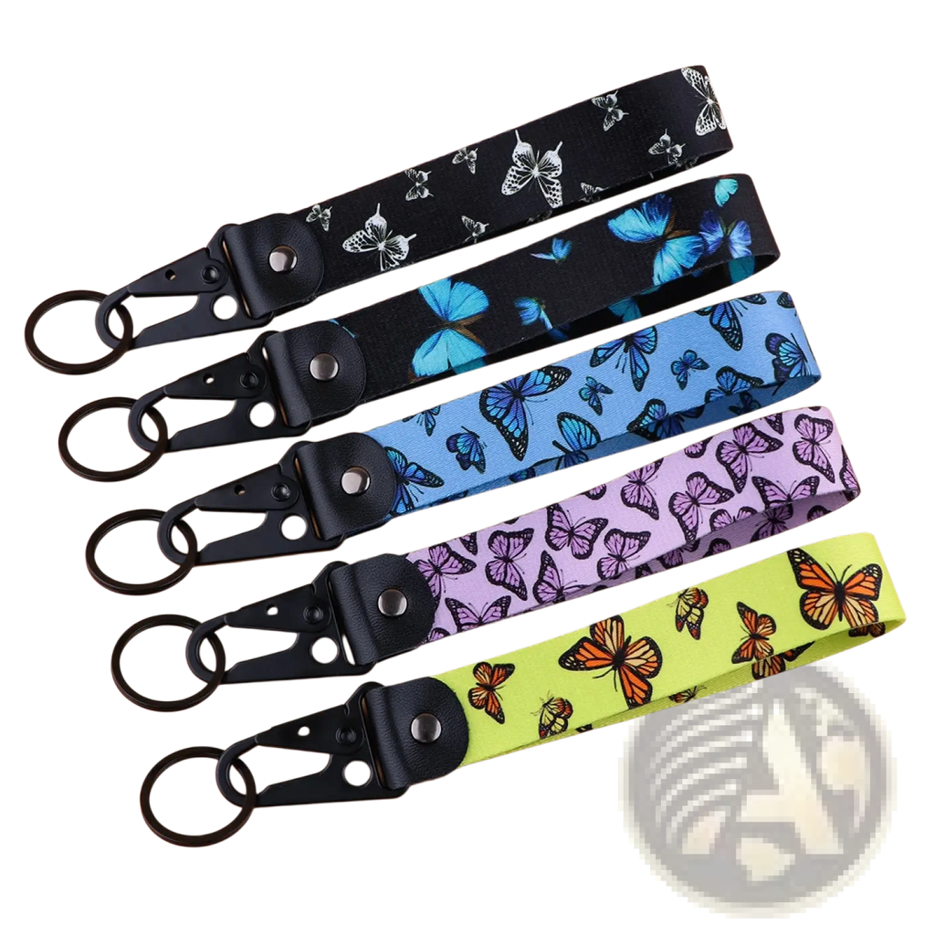 Butterfly wrist strap keychain with metal clip in black blue purple and lime green with black metal clasps