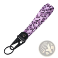 Butterfly wrist strap keychain with lavender fabric and black-outlined butterflies attached to a black metal clip