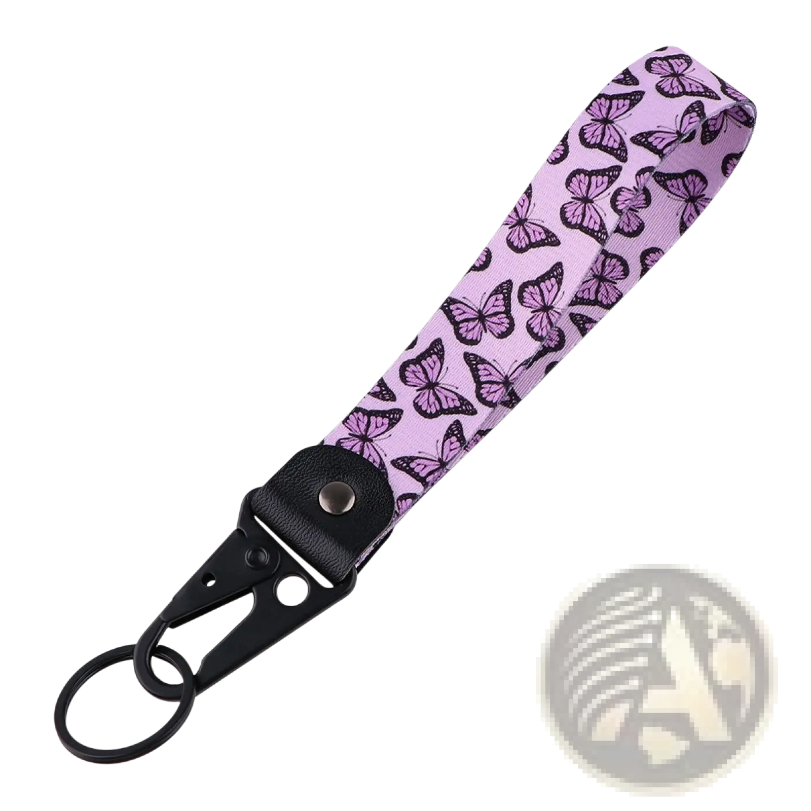 Butterfly wrist strap keychain with lavender fabric and black-outlined butterflies attached to a black metal clip