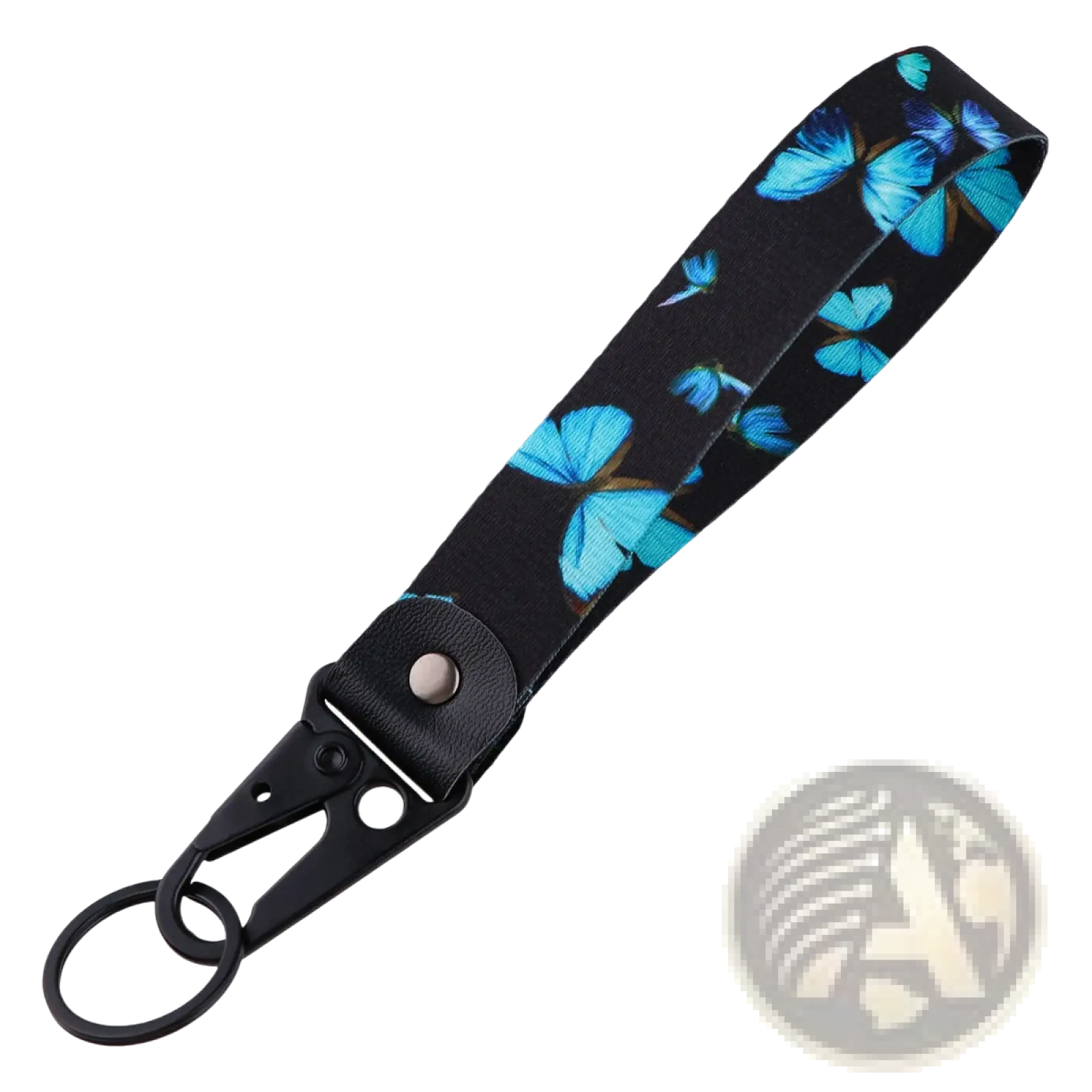 Black fabric butterfly wrist strap keychain with vibrant blue print and black metal clip model tk57