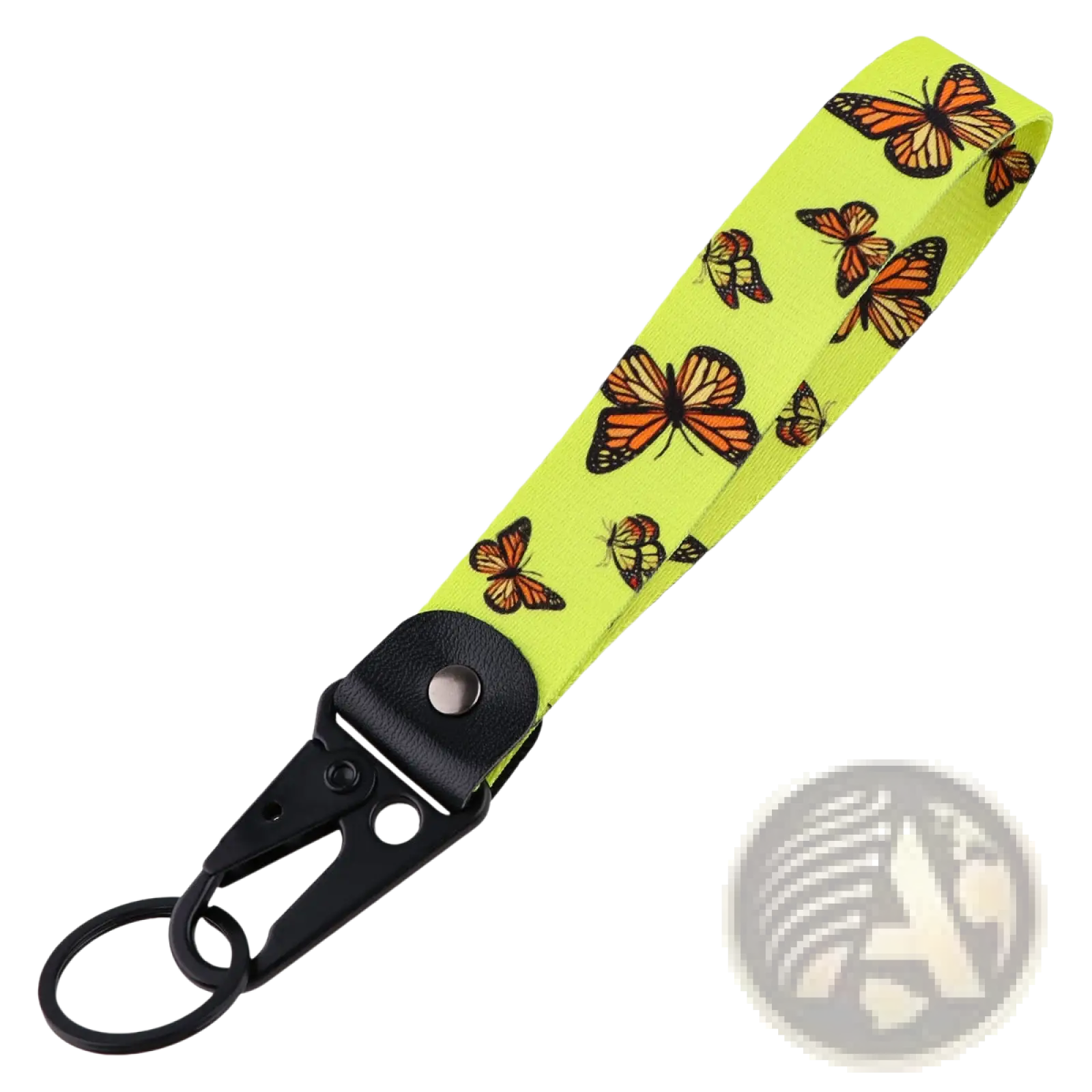 Butterfly wrist strap keychain with vibrant lime green fabric featuring orange monarch butterflies and black metal clip