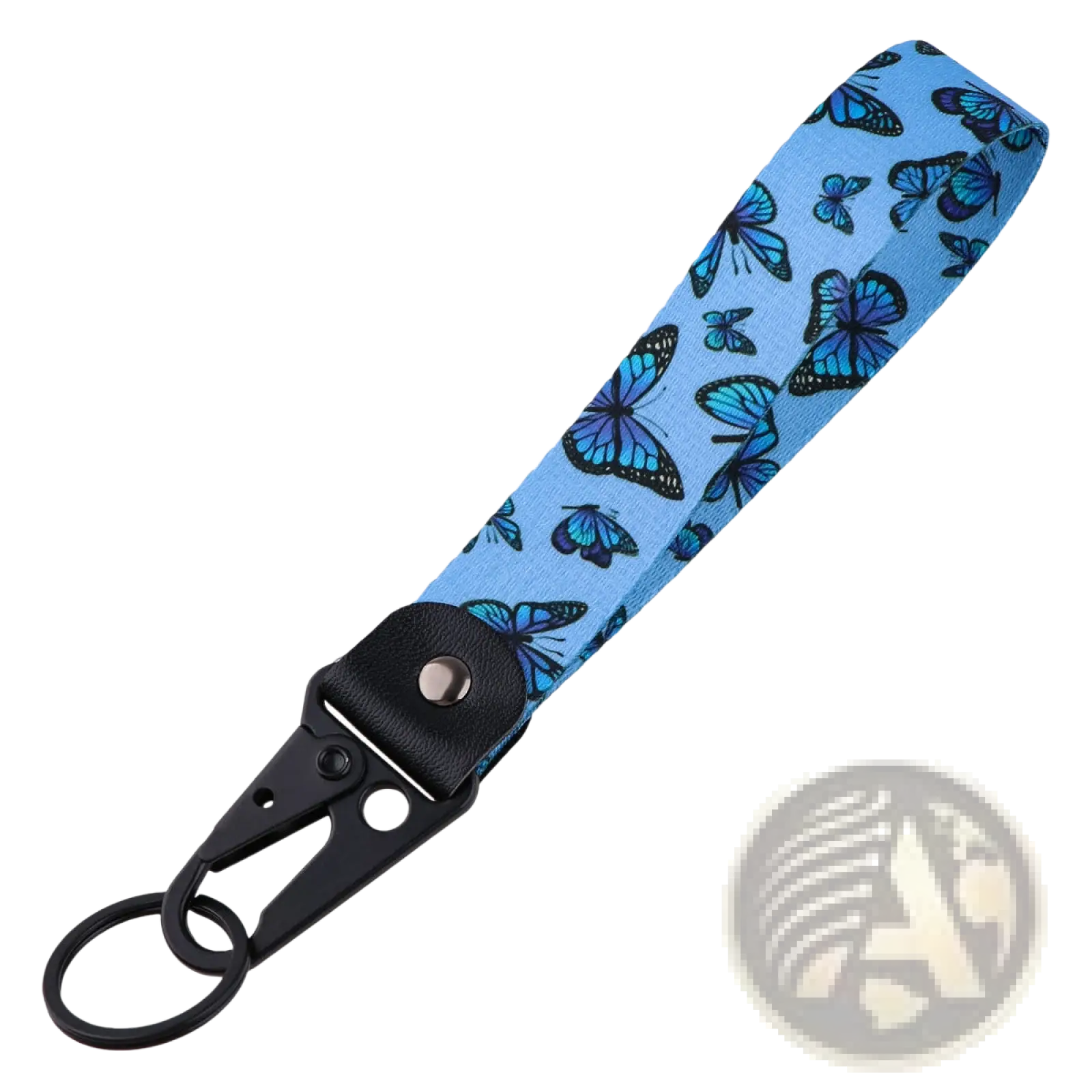 Light blue fabric butterfly wrist strap keychain with black metal carabiner clip for secure attachment tk57