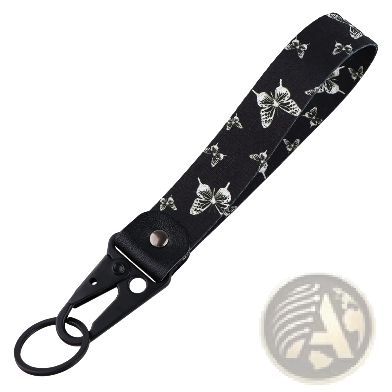 Black fabric butterfly wrist strap keychain with white pattern and black metal carabiner clip tk57