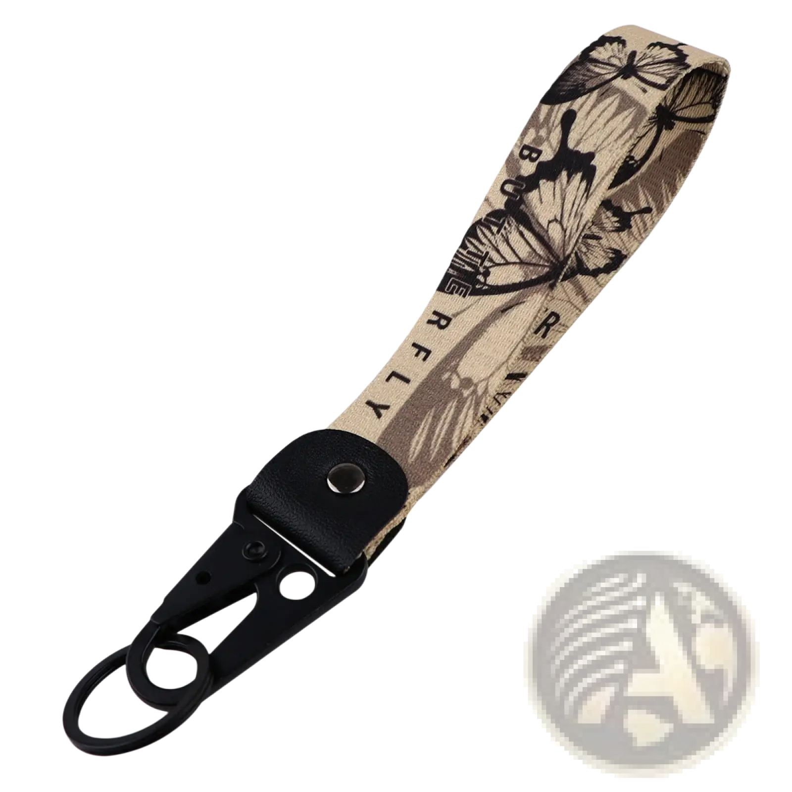 Beige fabric butterfly wrist strap keychain with black leather strap, metal clip, and boutique rely text tk57