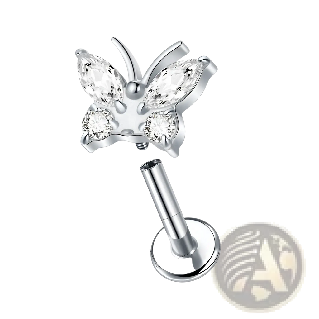 Silver butterfly-shaped titanium flat back stud earrings with clear faceted zircon crystal gemstones
