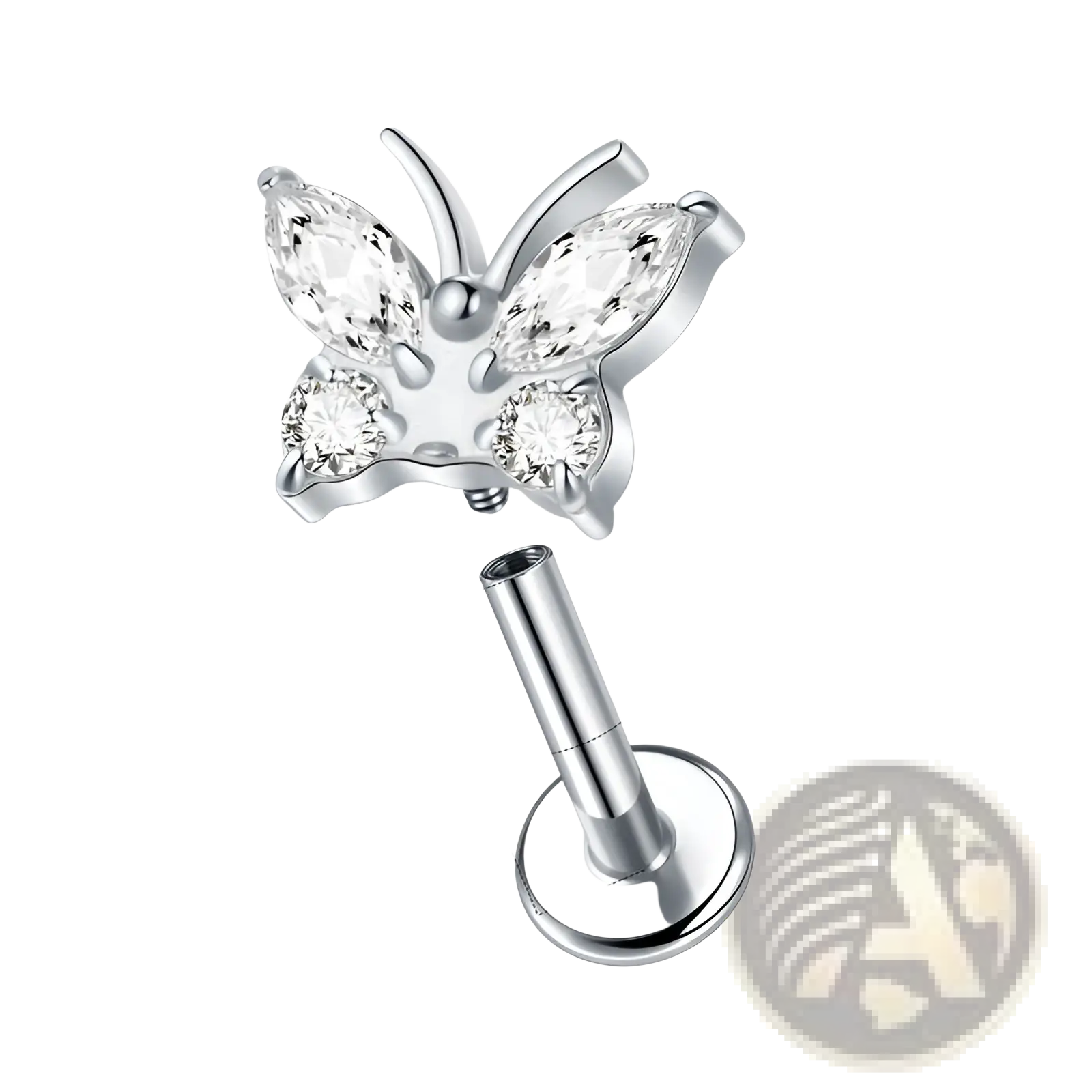 Silver butterfly-shaped titanium flat back stud earrings with clear faceted zircon crystal gemstones