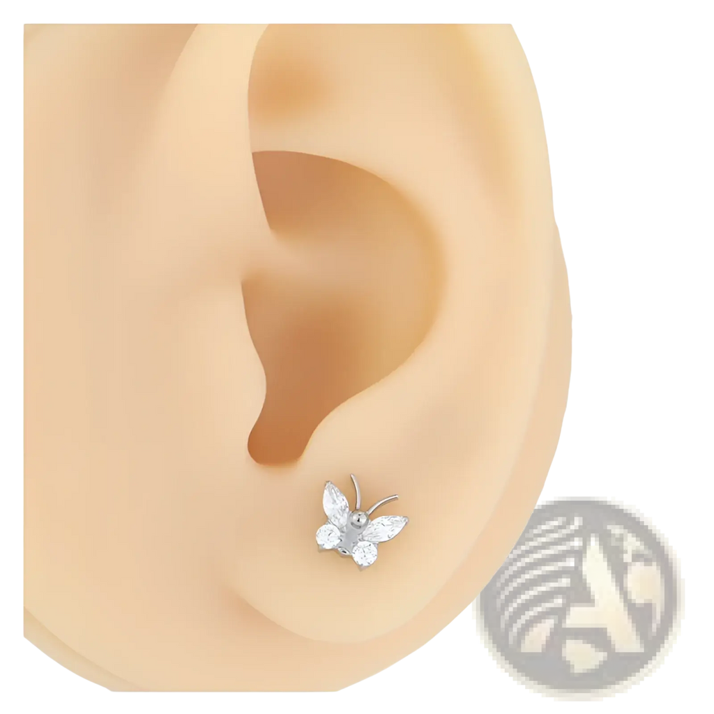 A delicate silver butterfly stud earring with clear zircon crystals made of titanium with a flat back design