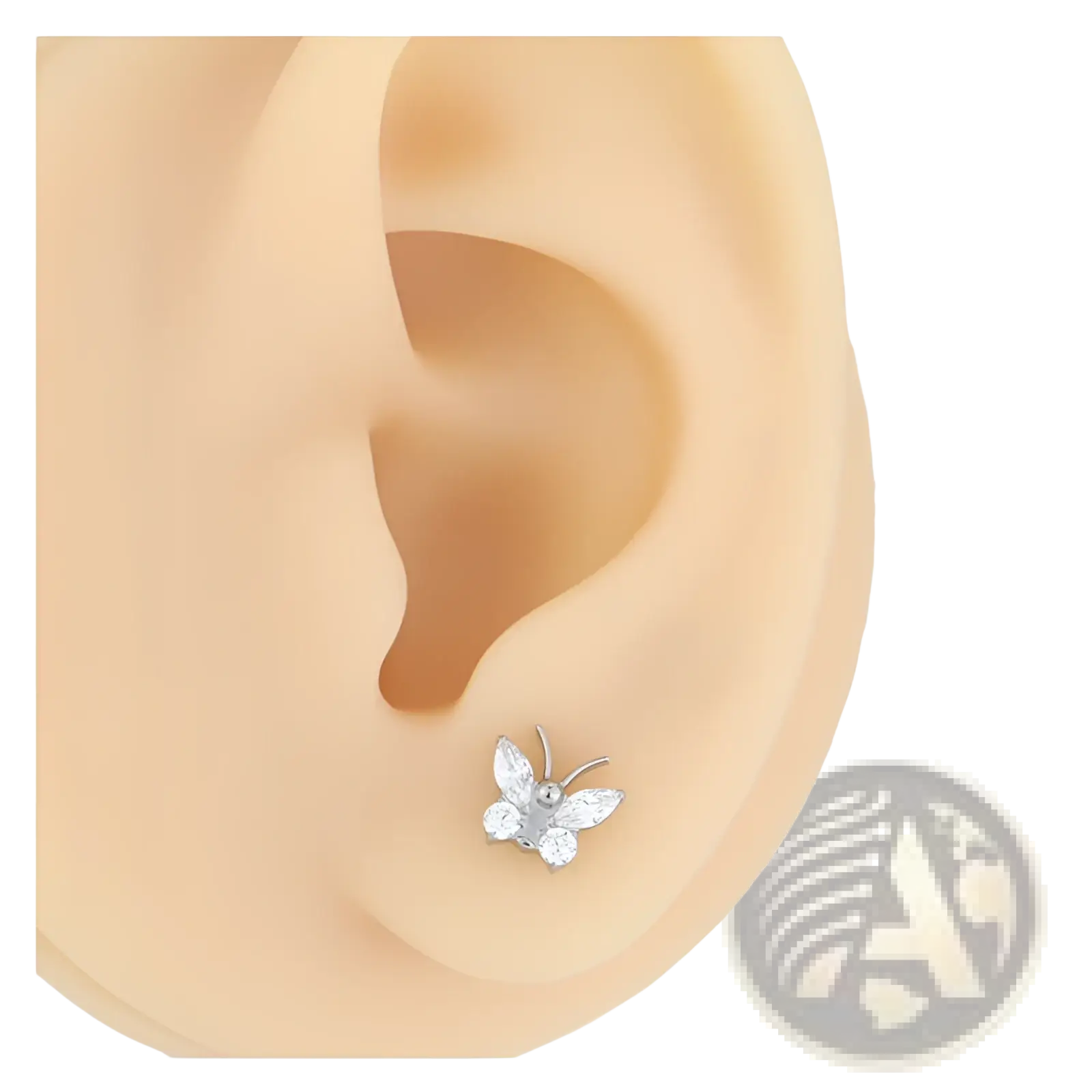 A delicate silver butterfly stud earring with clear zircon crystals made of titanium with a flat back design