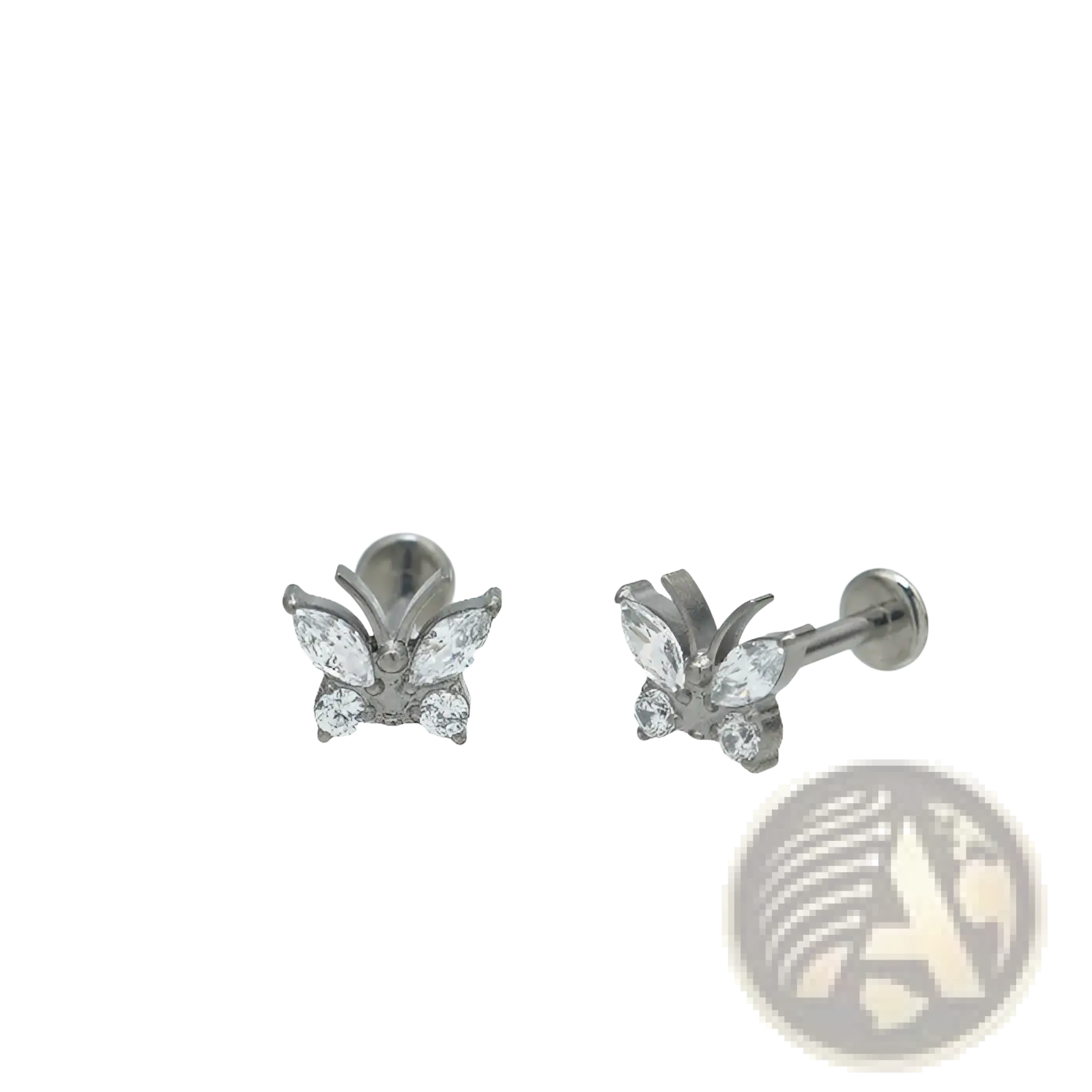 Silver butterfly zircon crystal titanium flat back stud earrings with clear faceted gemstones in metallic frame
