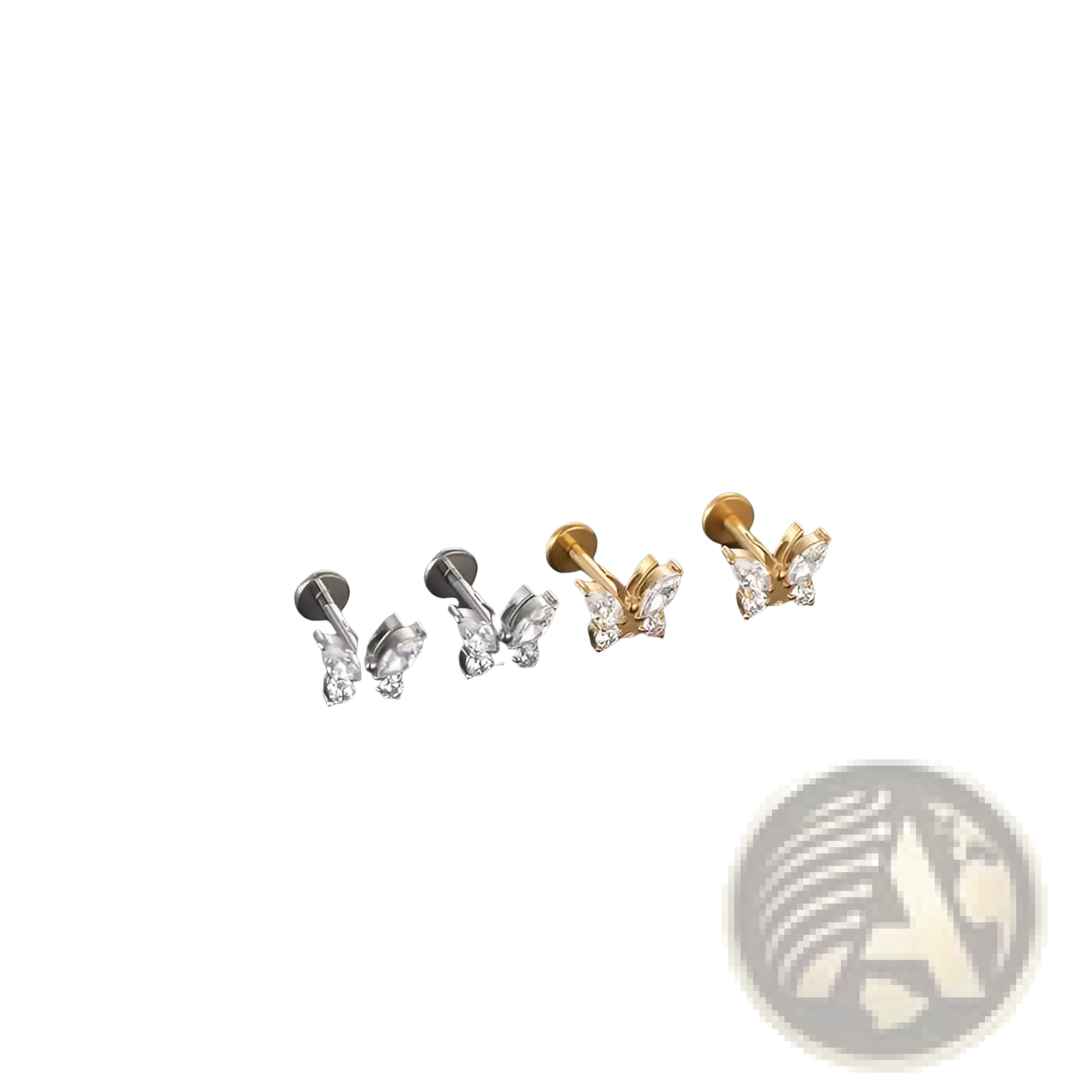 Set of four butterfly zircon crystal stud earrings in silver and gold tones with titanium flat back