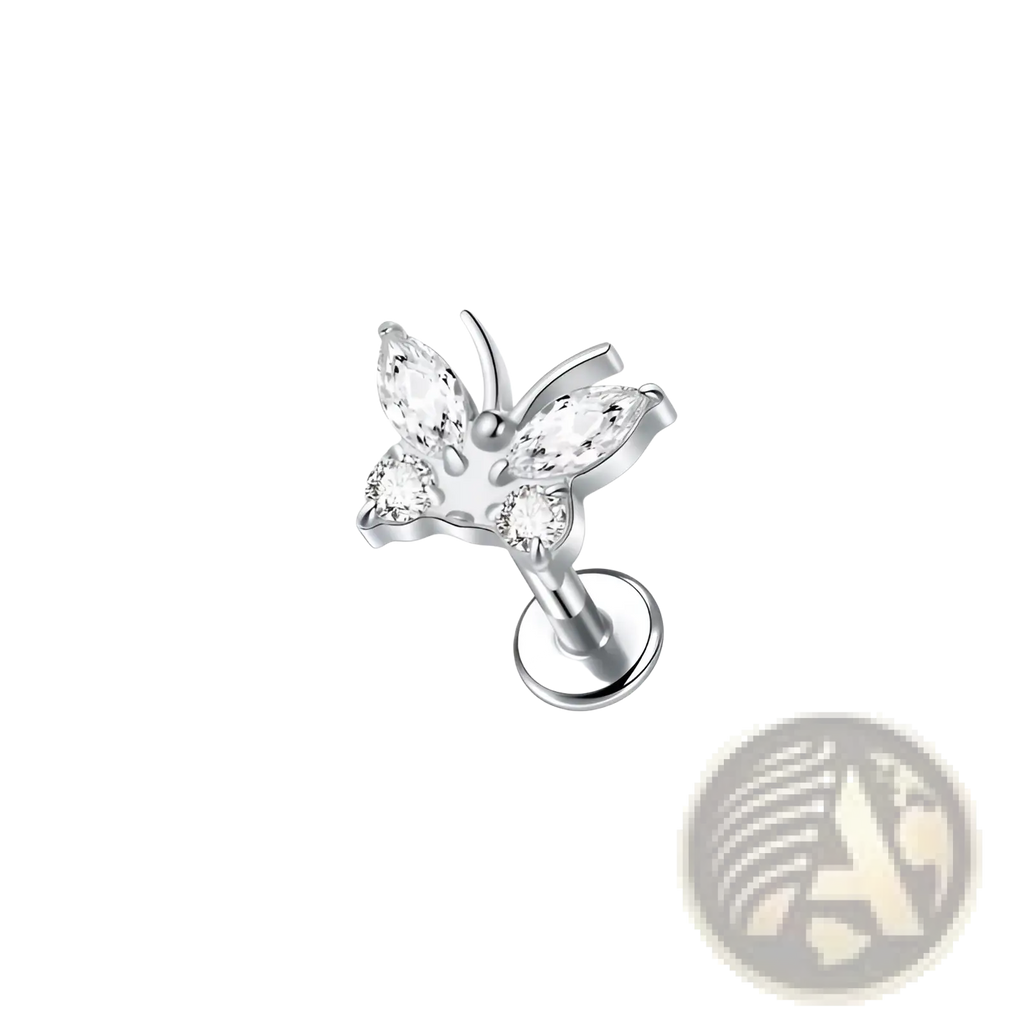 Silver butterfly zircon crystal titanium flat back nose stud with clear faceted gemstones in wings