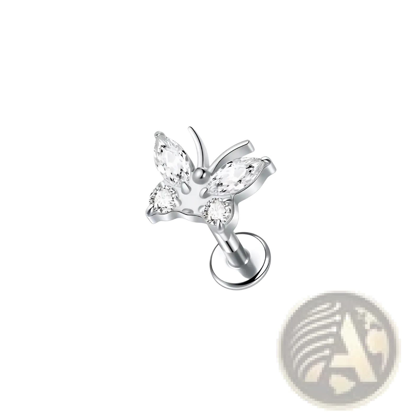 Silver butterfly zircon crystal titanium flat back nose stud with clear faceted gemstones in wings