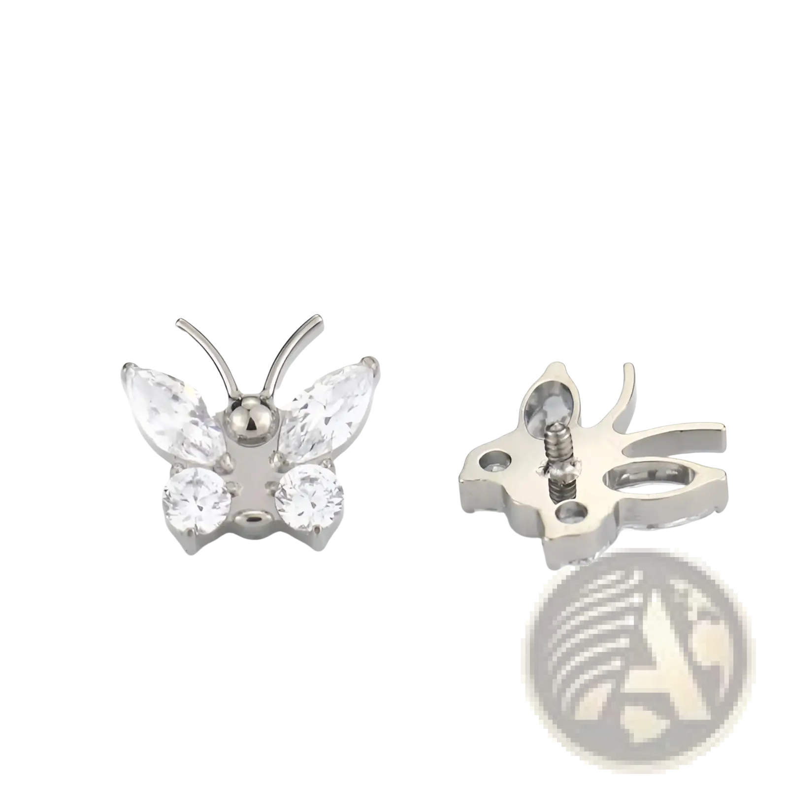 Silver butterfly-shaped titanium flat back stud earrings with clear zircon crystal wings and metallic screw-back closure