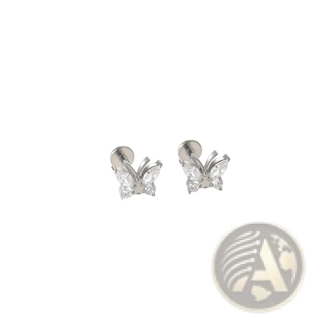 Delicate silver butterfly titanium flat back stud earrings adorned with sparkling clear zircon crystals