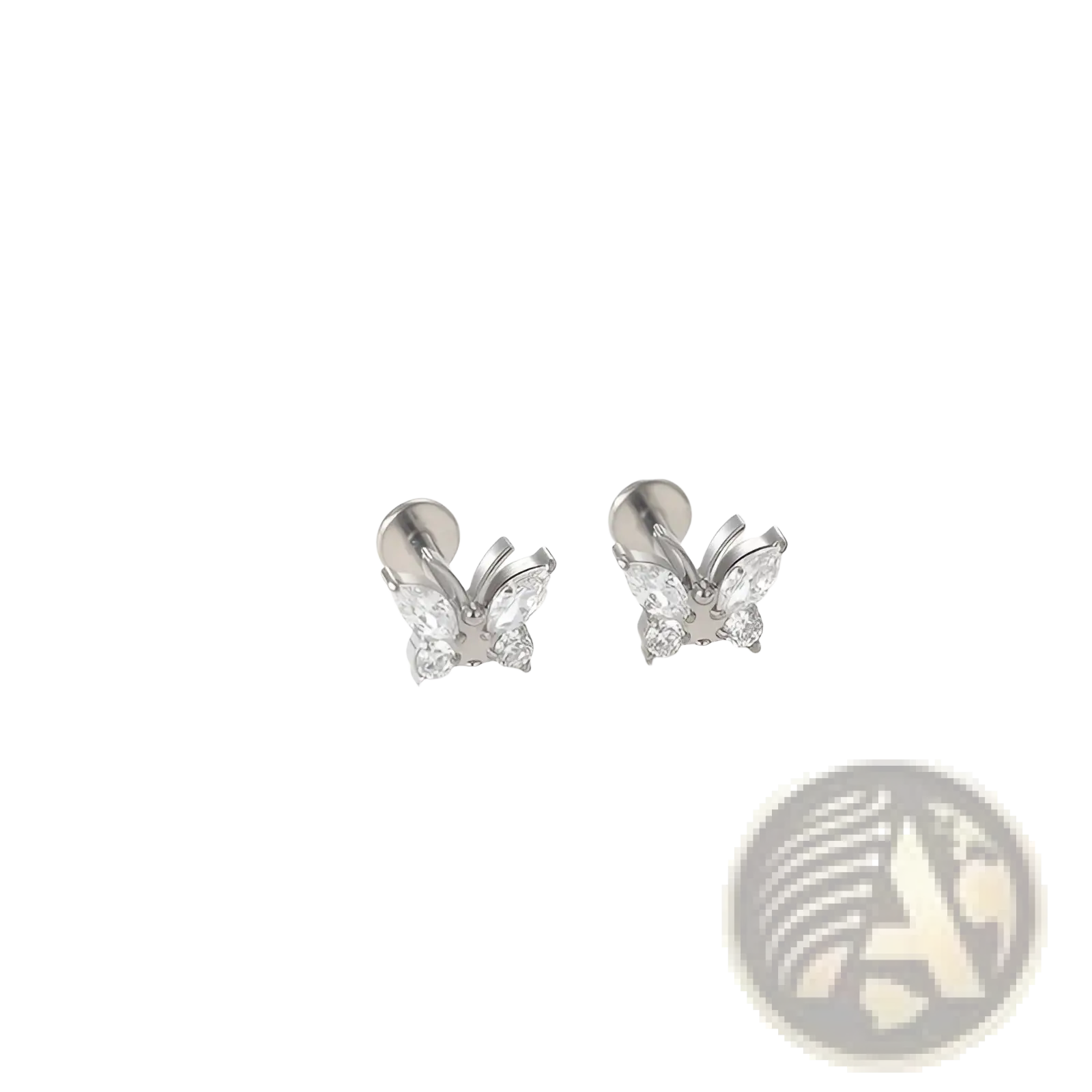 Delicate silver butterfly titanium flat back stud earrings adorned with sparkling clear zircon crystals
