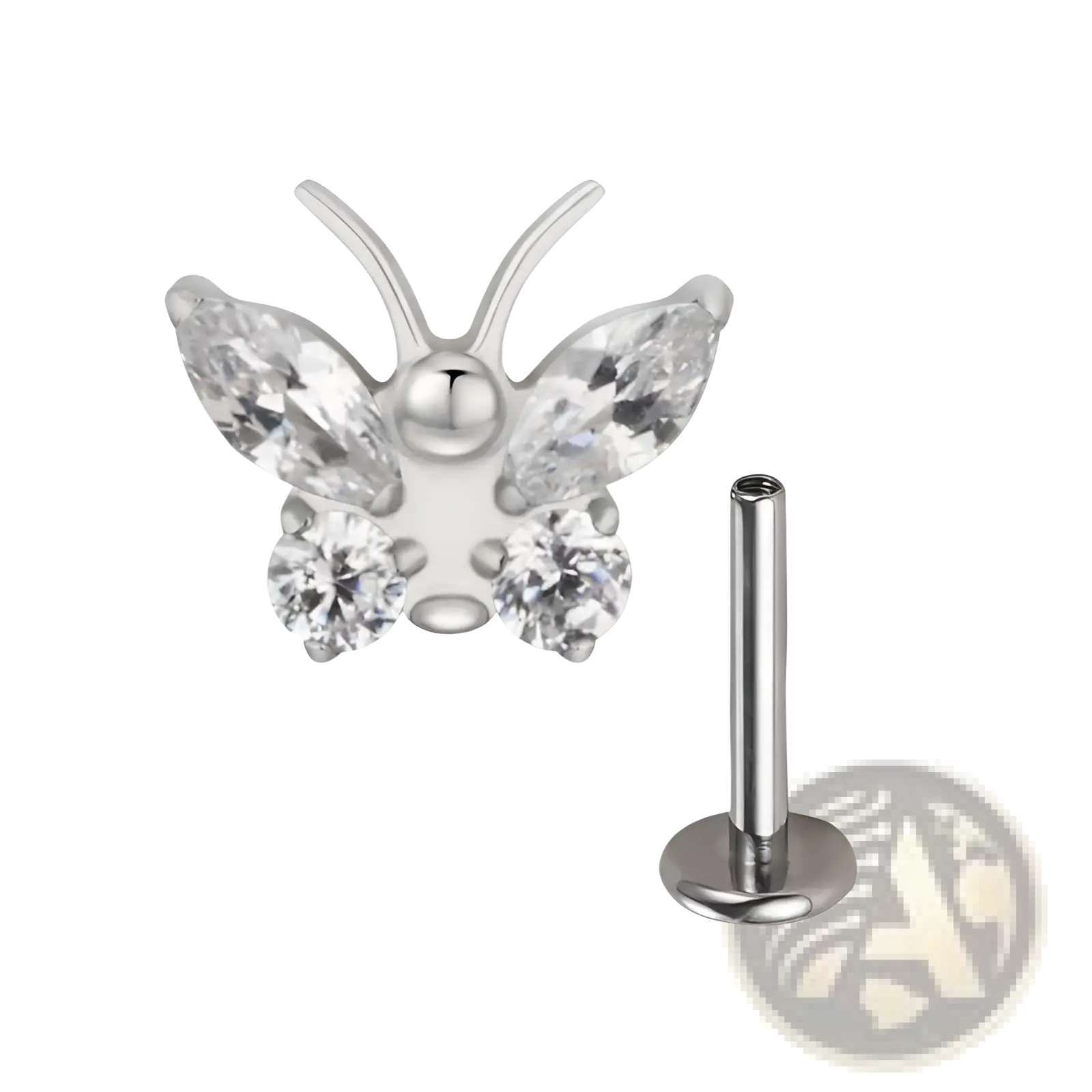 Silver butterfly nose ring with clear zircon crystal wings and body in titanium flat back stud earring design
