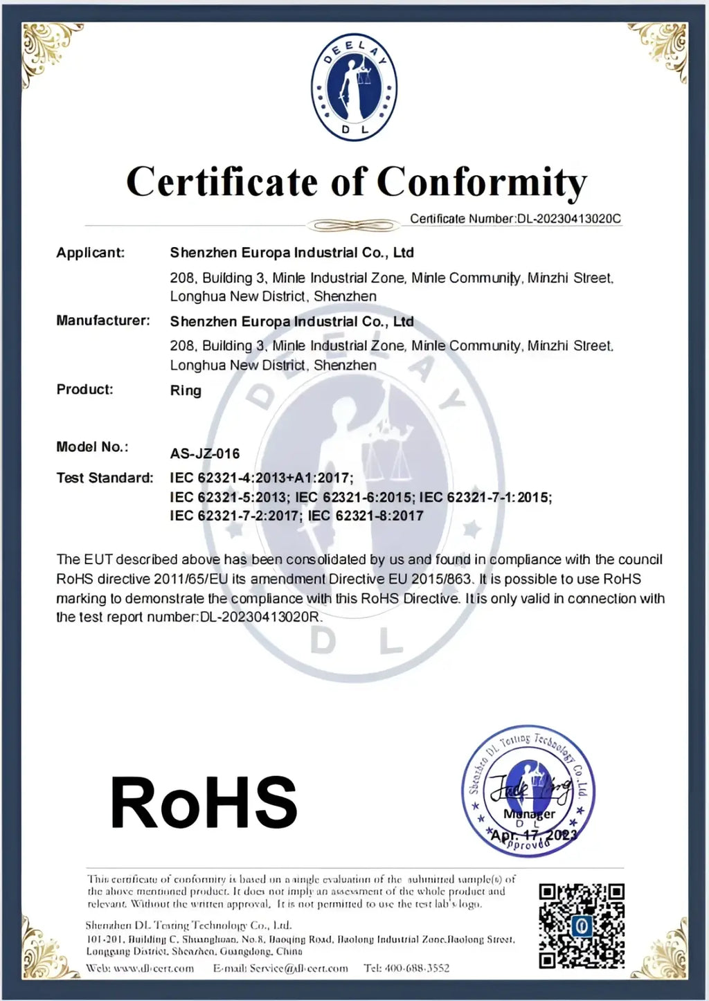 Rohs compliance certificate for butterfly zircon crystal titanium flat back stud earrings by Shenzhen Europa Industrial Co Ltd