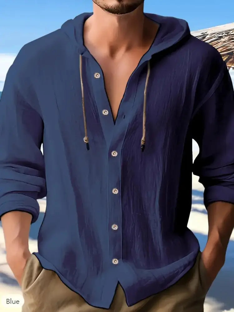 Men’s light blue textured hooded button down shirt with relaxed fit and subtle fabric texture