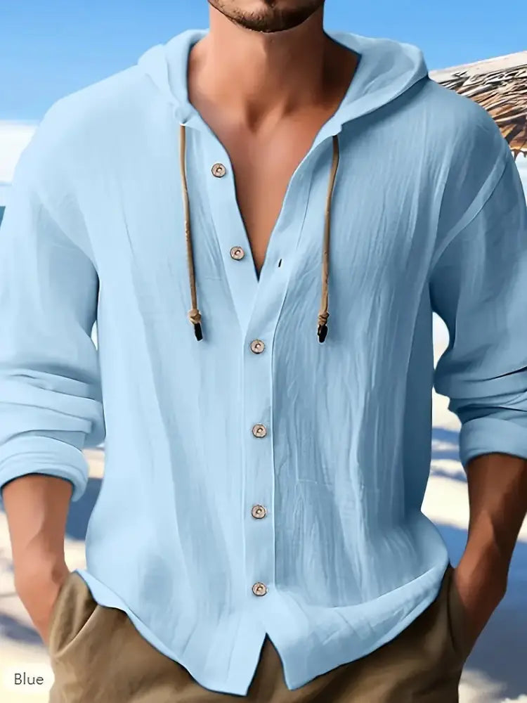 Men’s light blue textured hooded button down shirt with wooden buttons and drawstrings made from soft fabric