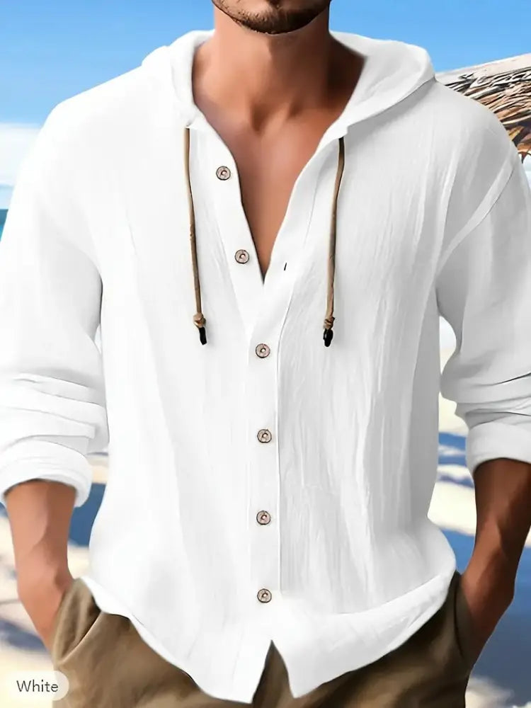 Men’s light blue textured hooded button down shirt in white with beige drawstrings and metallic buttons