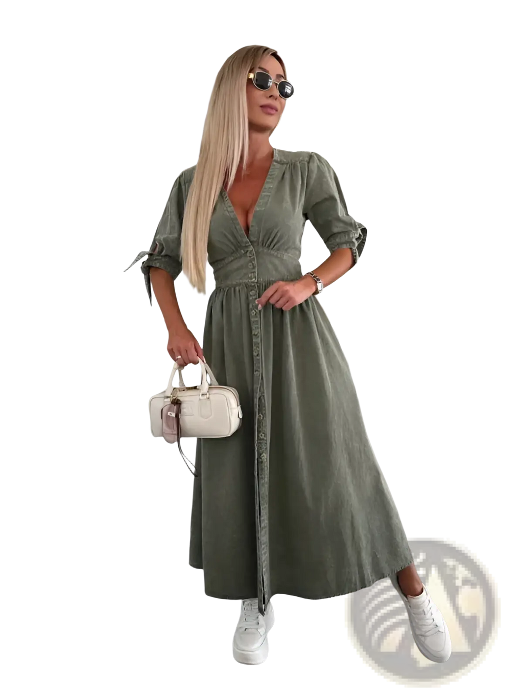 Olive green button front denim midi dress with puff sleeves, rolled cuffs, and a front placket