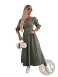 Olive green button front denim midi dress with puff sleeves, rolled cuffs, and a front placket
