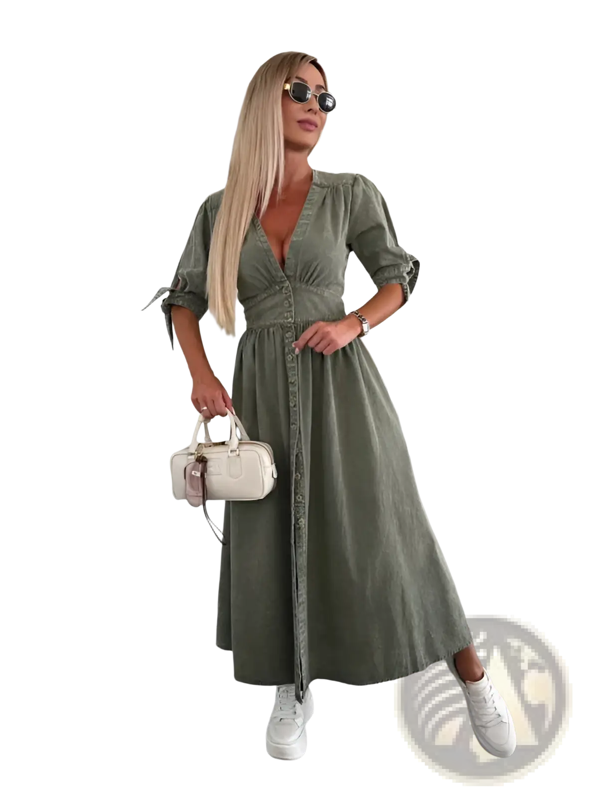 Olive green button front denim midi dress with puff sleeves, rolled cuffs, and a front placket
