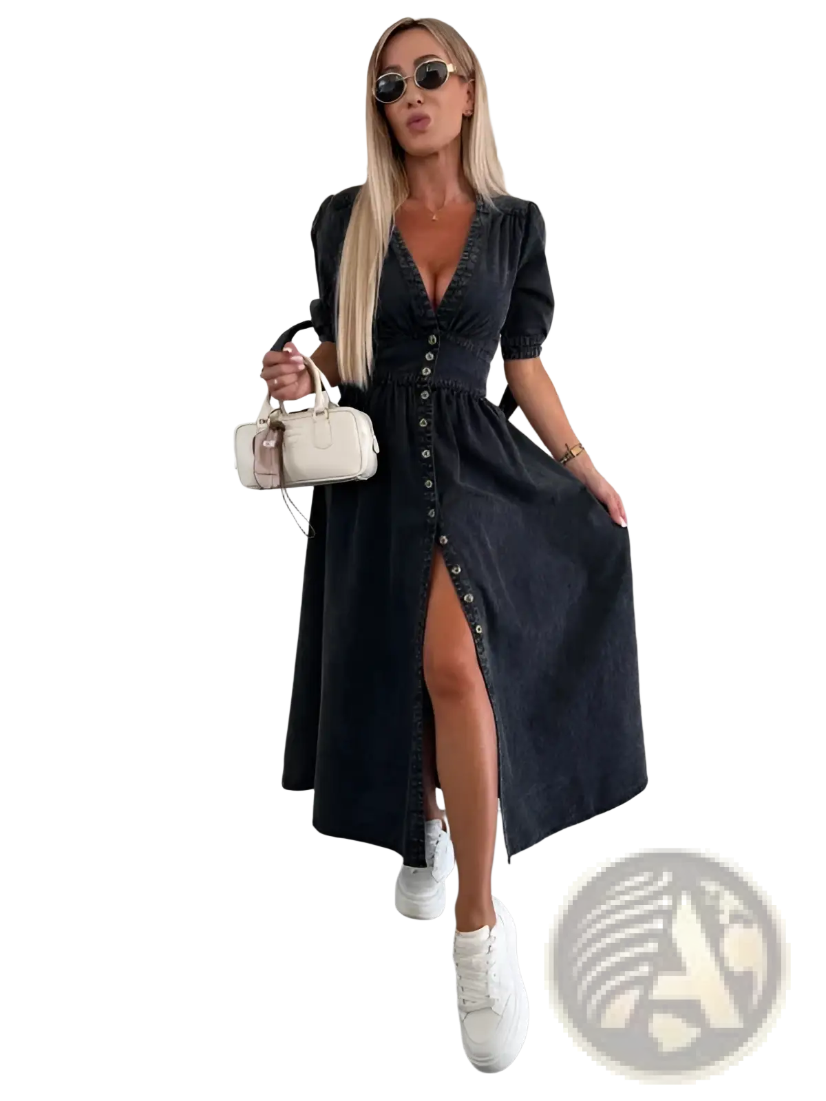 Black denim midi dress with button front, puff sleeves, and high slit, showcasing stylish casual wear design