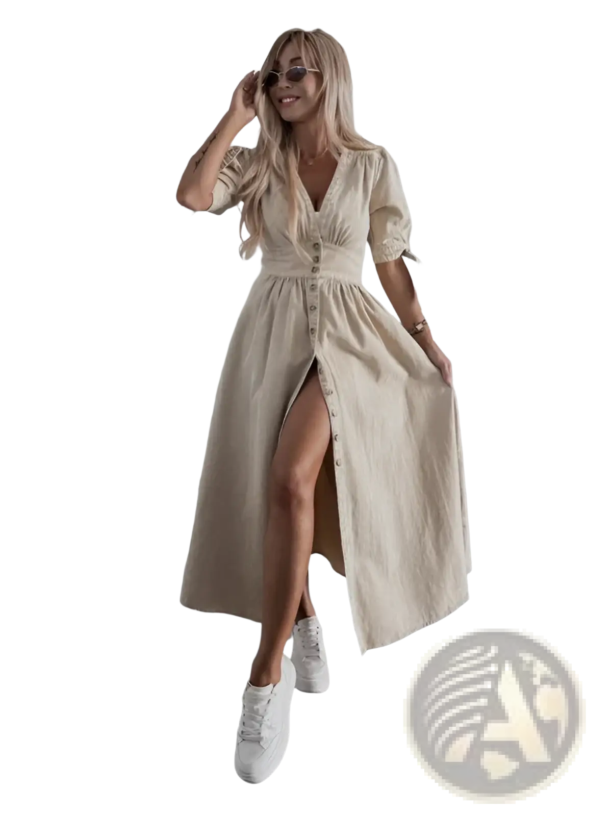 Beige linen midi dress with button front and high slit styled as a button front denim midi dress with puff sleeves