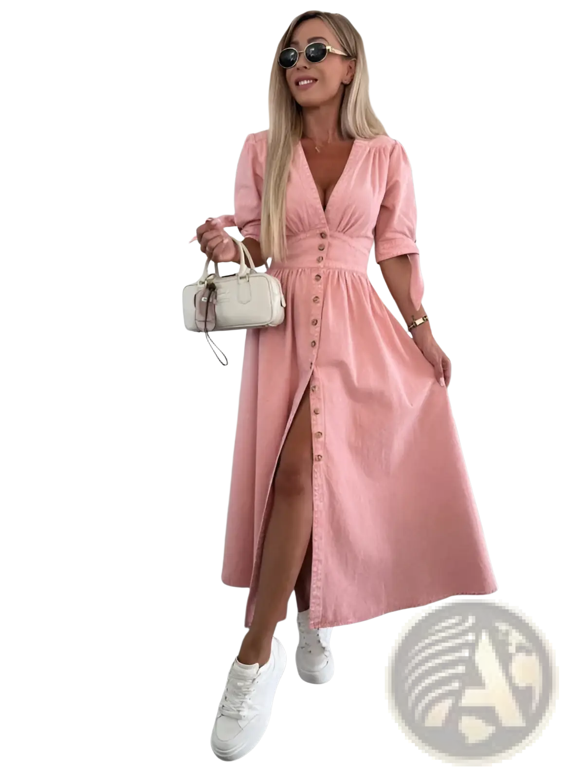 Pink button front denim midi dress with puff sleeves showing front view of the garment