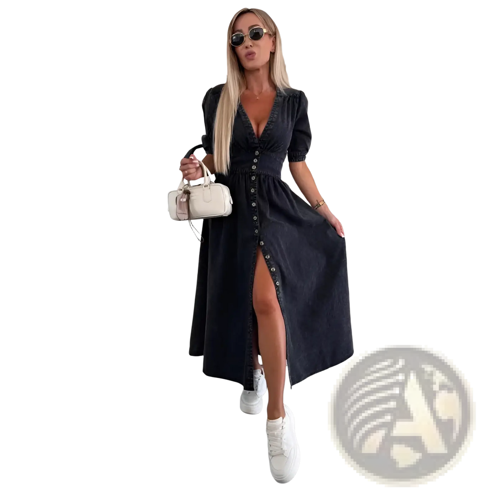 Black denim midi dress with button front, puff sleeves, and high slit for stylish casual wear
