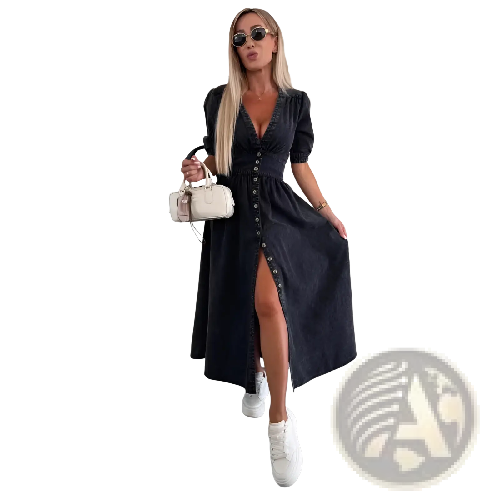 Black denim midi dress with button front, puff sleeves, and high slit for stylish casual wear