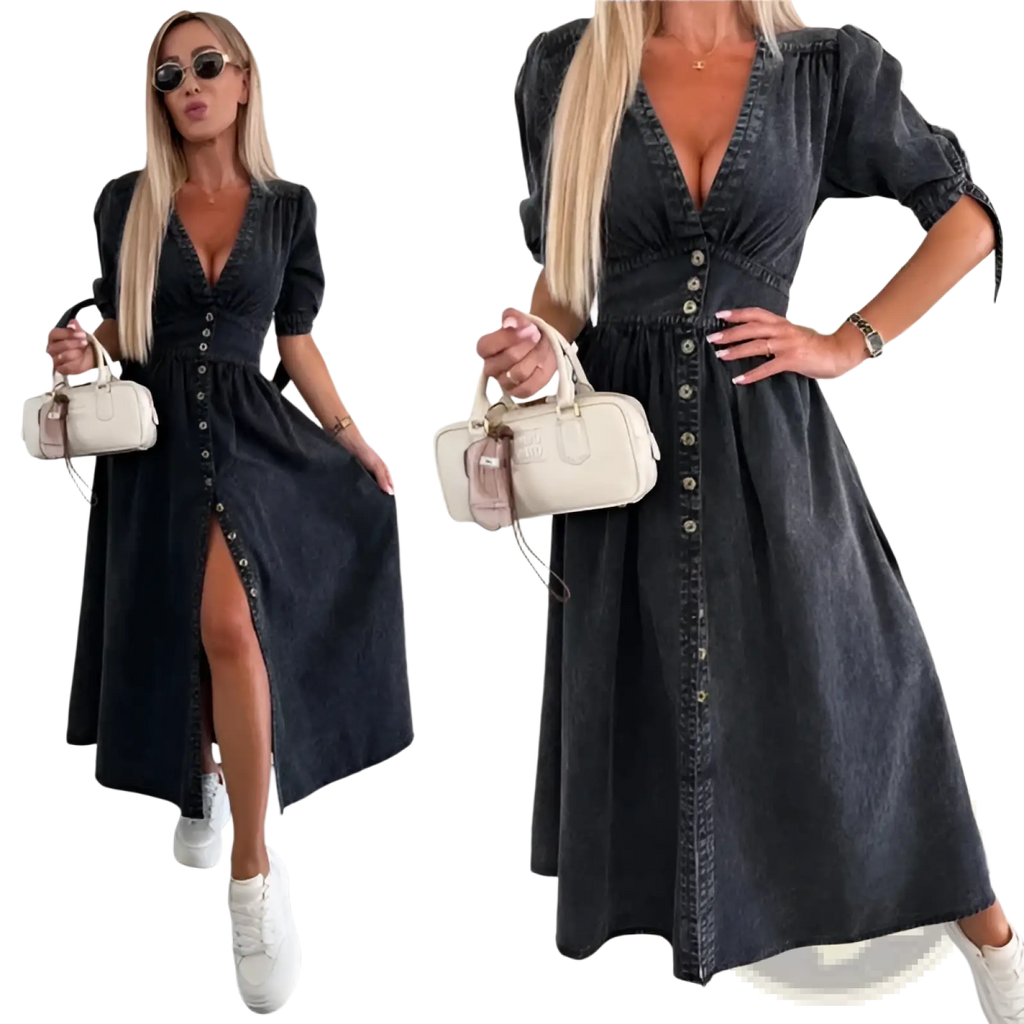 Dark denim button front midi dress made of denim with puffed sleeves and a high slit for stylish wear