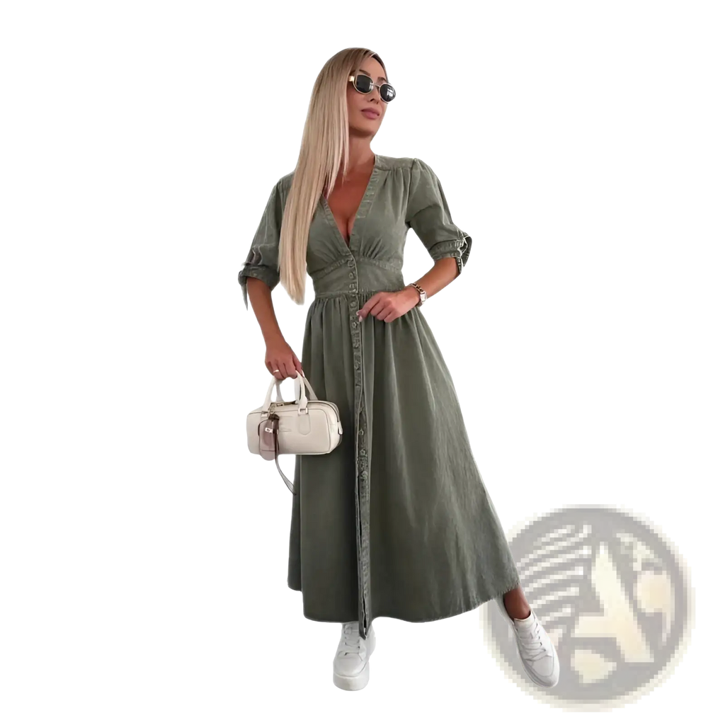 Olive green button-down midi dress with three-quarter puff sleeves and a cinched waist in denim fabric