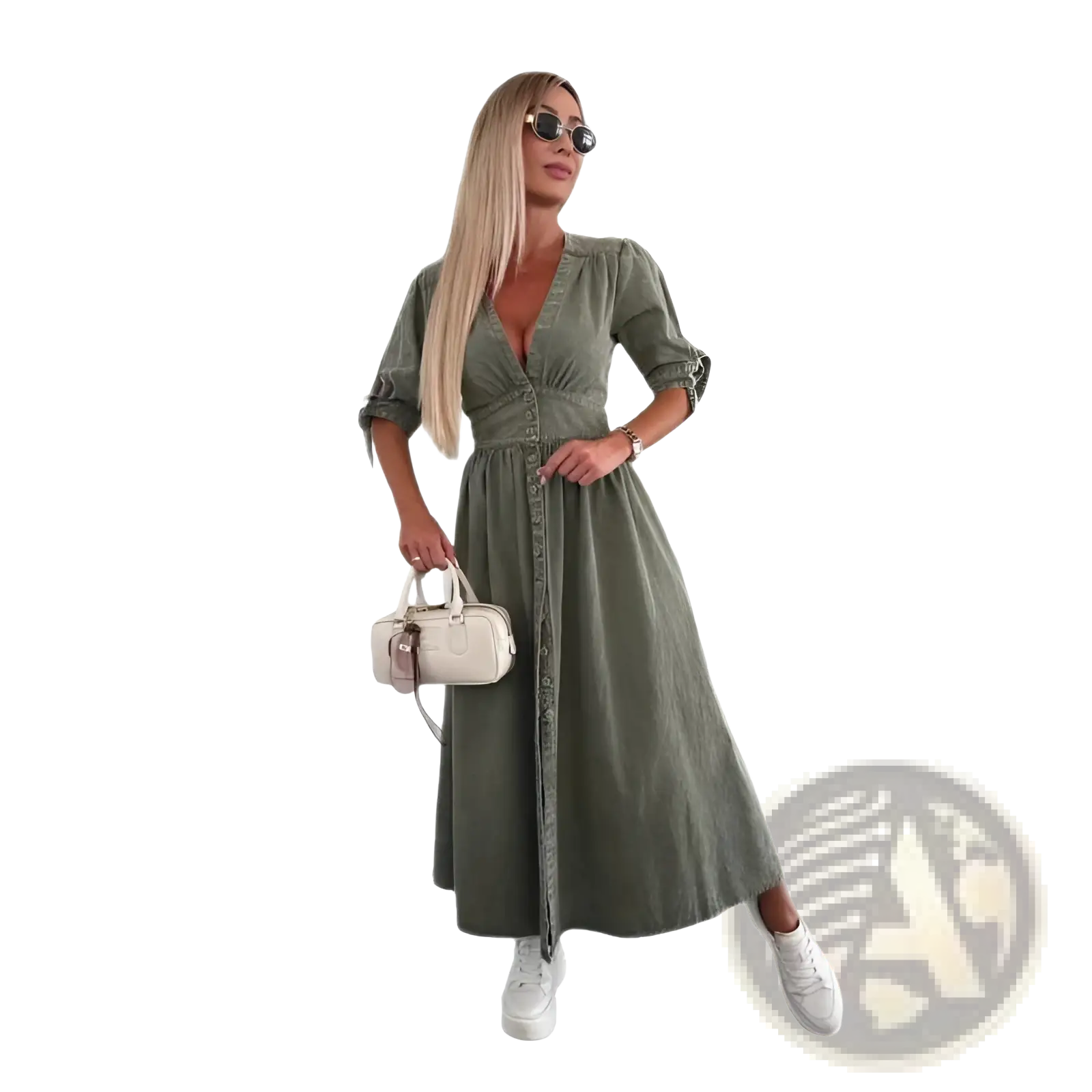 Olive green button-down midi dress with three-quarter puff sleeves and a cinched waist in denim fabric