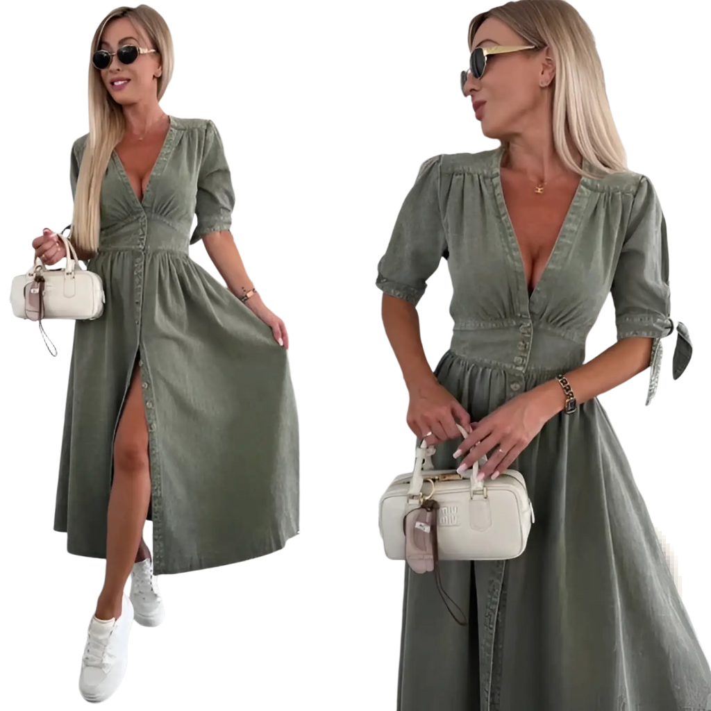 Olive green denim midi dress with button front, puff sleeves, and tied cuffs in a casual style