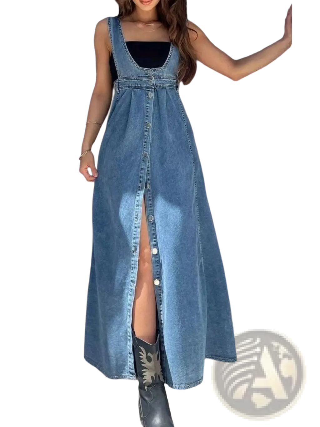 Blue denim maxi overall dress with front button closure and high slit for stylish casual wear